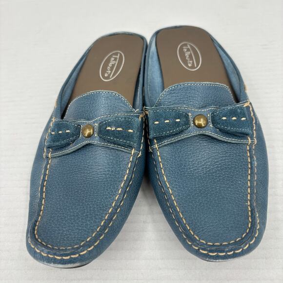 Talbots Mule Loafers Womens Size 7 Teal Blue Pebbled Leather Bow Detail Slip On - Picture 3 of 10